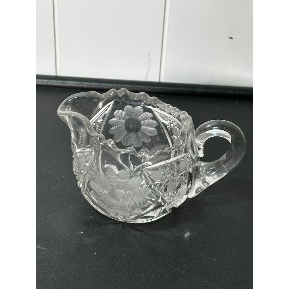 Vintage Cut Glass Floral Daisy Creamer Pitcher Scalloped Rim Clear Crystal Style